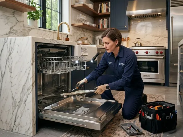 Appliance Repair Hero technician servicing a built-in dishwasher in a Beebe, AR kitchen
