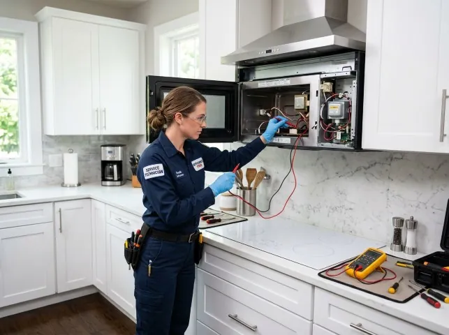 Appliance Repair Hero technician testing an over-the-range microwave in a Beebe, AR kitchen
